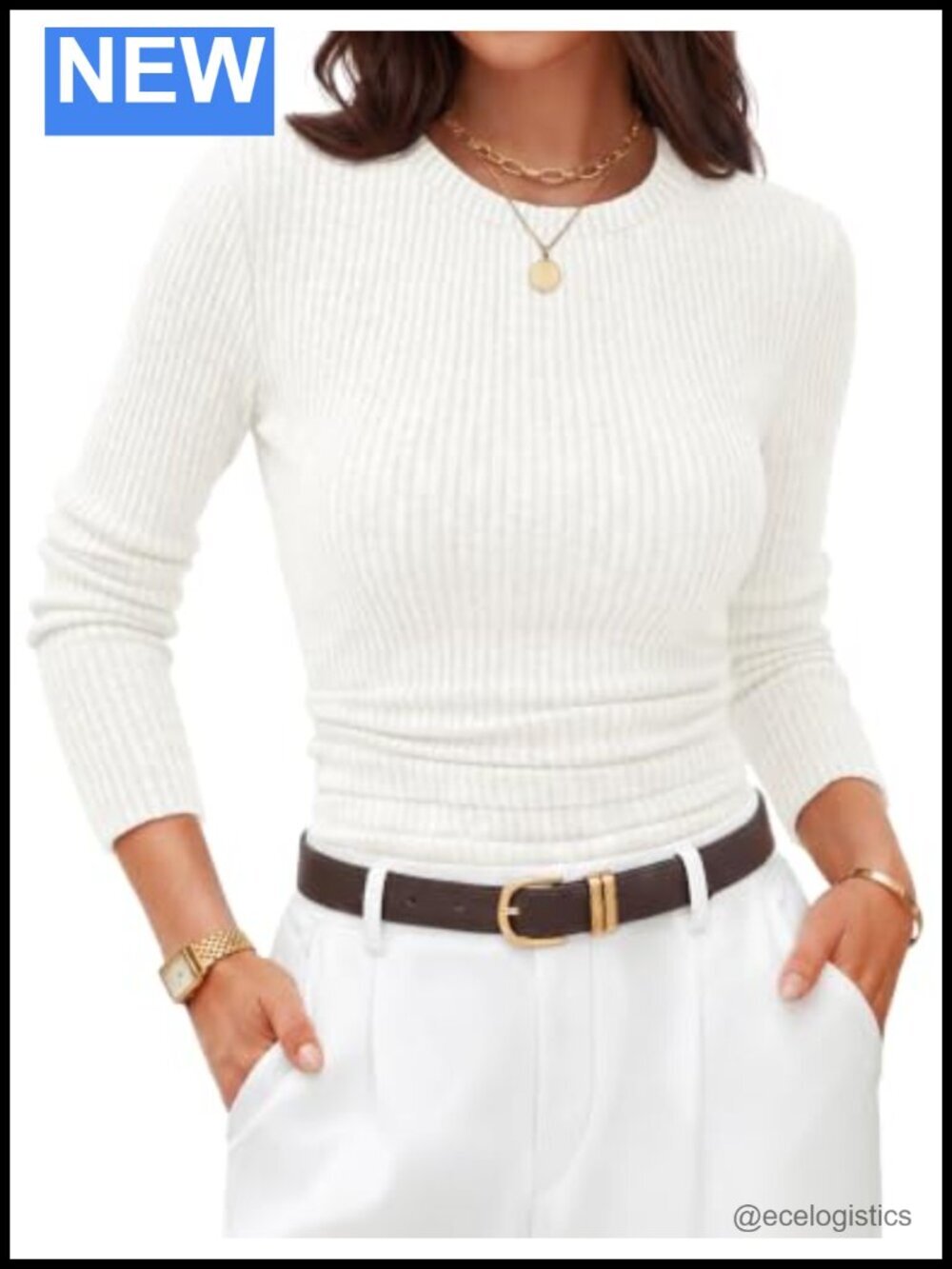 Ribbed Long Sleeve Crewneck Tee - Slim Fit Ruched Waist T-Shirt, Business